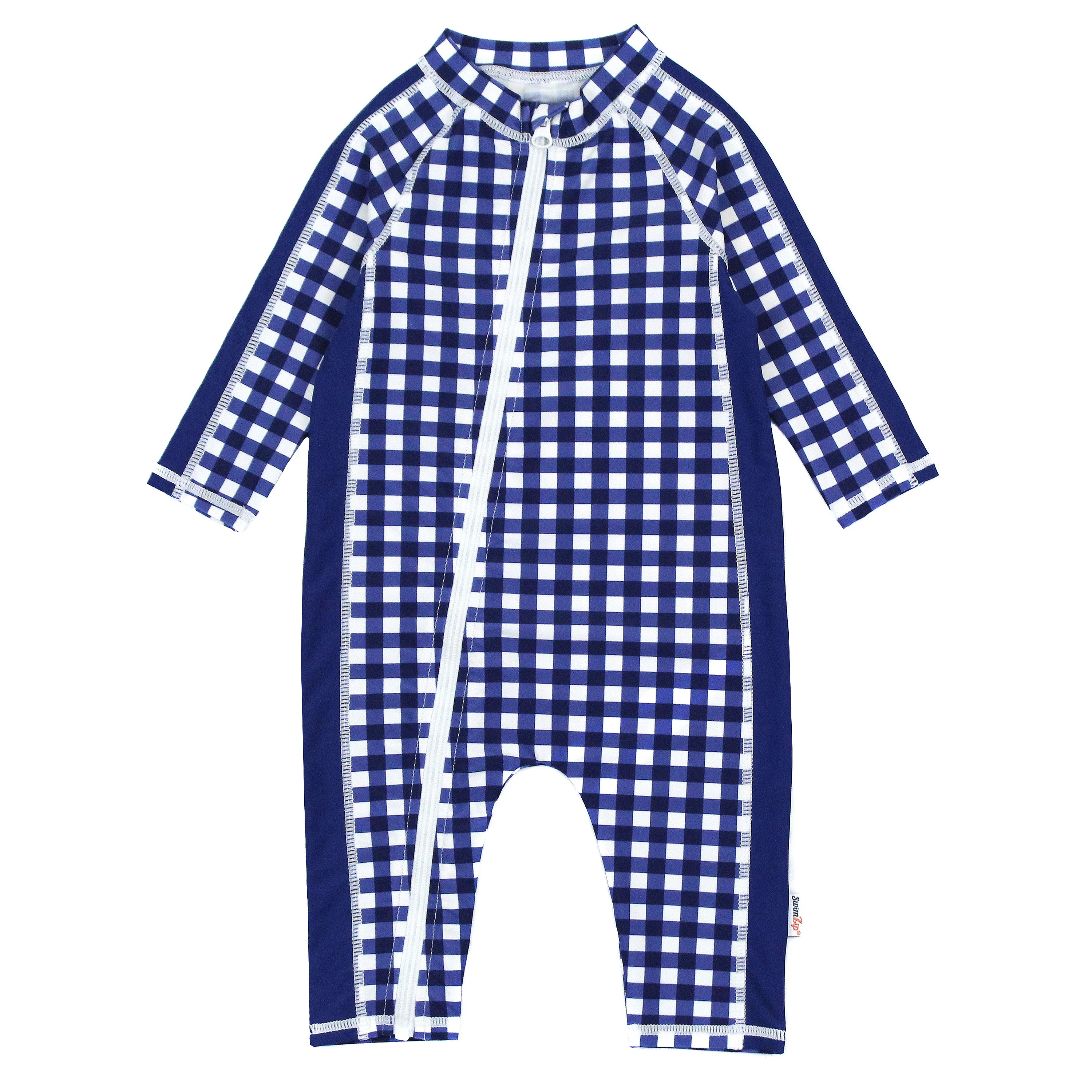 Sunsuit - Long Sleeve Romper Swimsuit - "Navy Gingham" | SwimZip