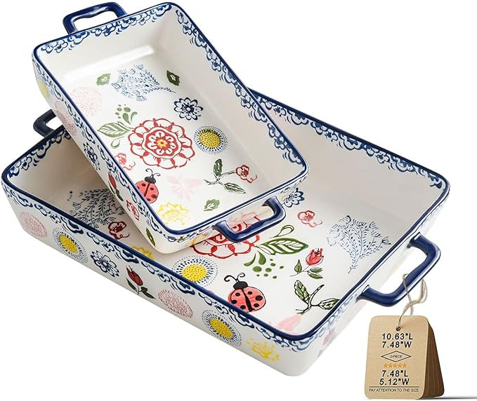 Ceramic Baking Dish Rectangular Bakeware Set Baking Pan, 2-Piece Stoneware Hand-Painted Lasagna P... | Amazon (US)