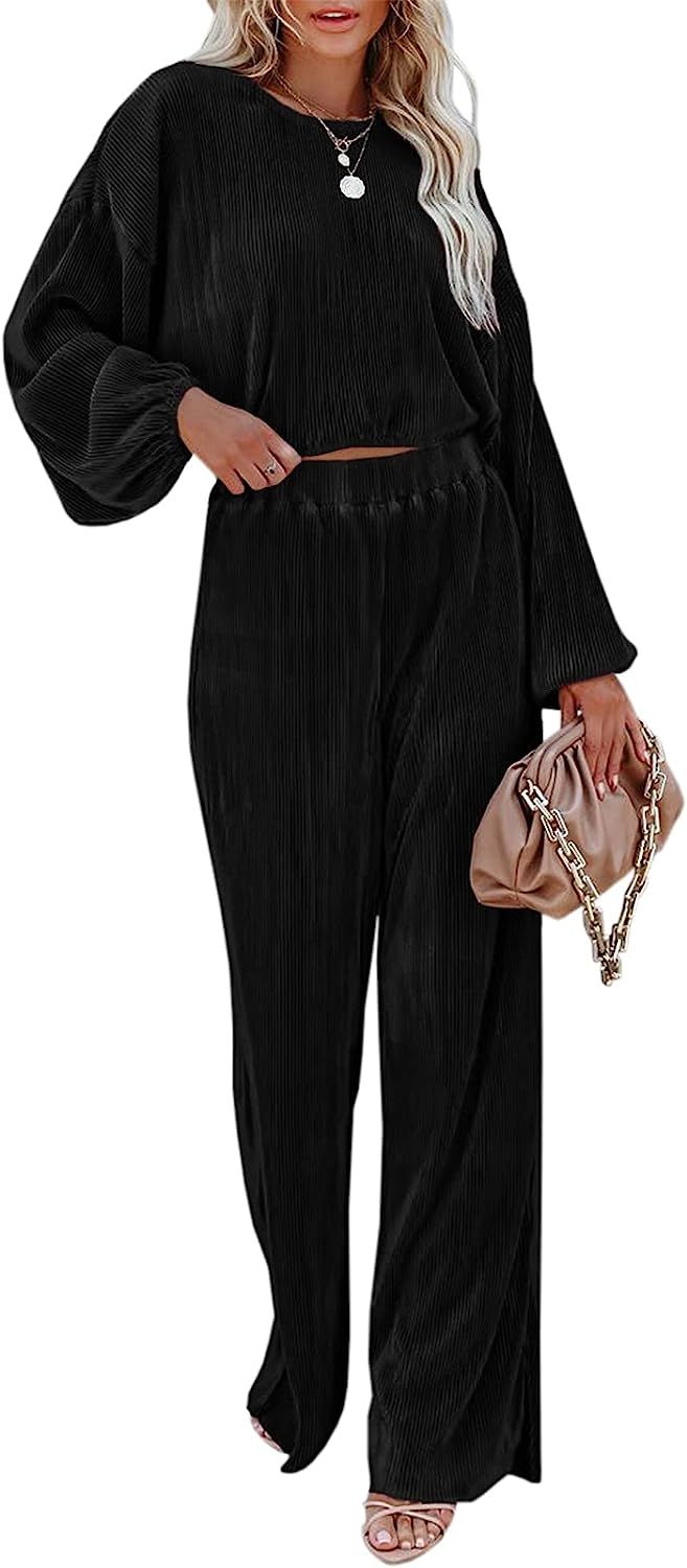 Onedreamer Women’s Causal 2 Piece Outfits Lounge Set Long Sleeve Pullover Tops and Wide Leg Pan... | Amazon (US)