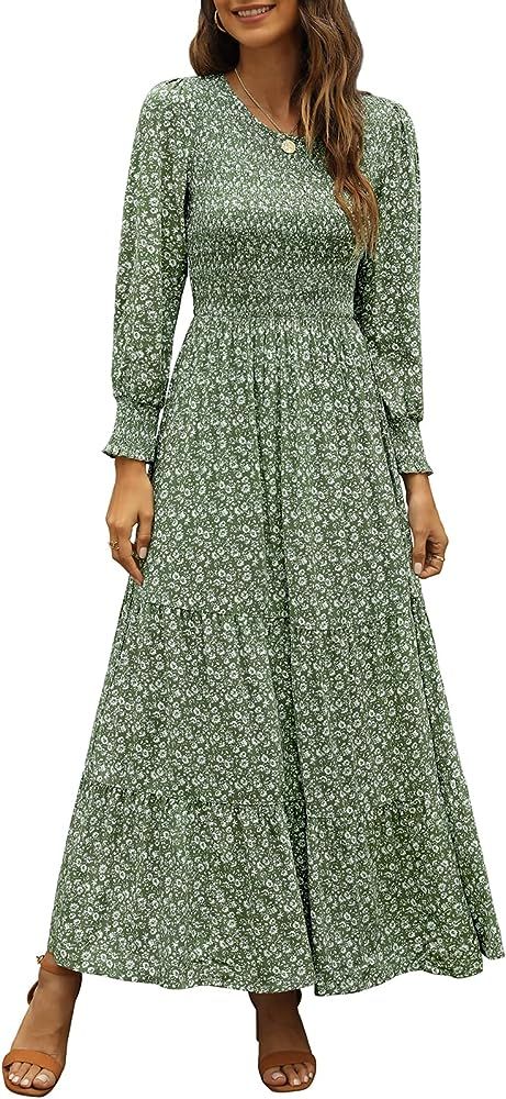 Annebouti Women Round Neck Long Sleeve Boho Floral Smocked Tiered Maxi Dress | Amazon (US)