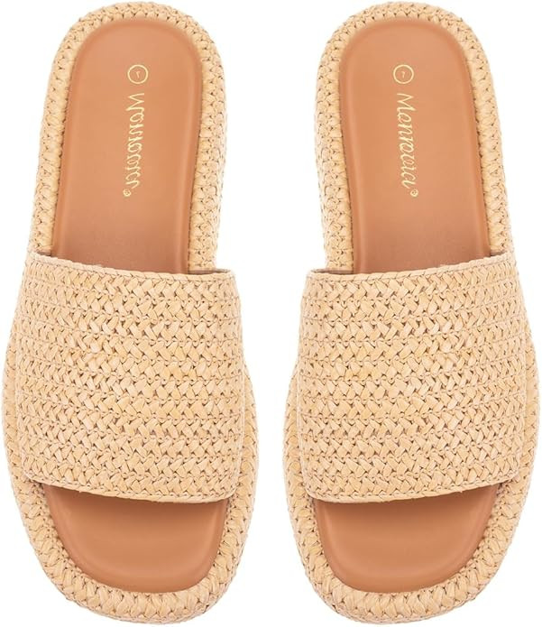Monrovia Platform Sandals Women Slip on Raffia wedge Sandals, Espadrille Slides Bohemia Sandals, ... | Amazon (US)