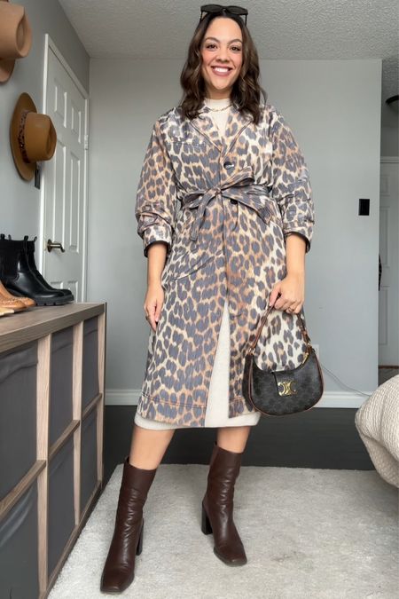 Styling a leopard print trench coat! Details below:
-Ganni leopard print trench coat. I have a size 40. 
-Aritzia knit midi dress in beige, I have a medium. 
-Celine Triomphe Ava bag in canvas. 
-Franco Sarto brown leather ankle boots  
-Celine Triomphe sunglasses. #LTKMostLoved

#LTKSeasonal #LTKstyletip