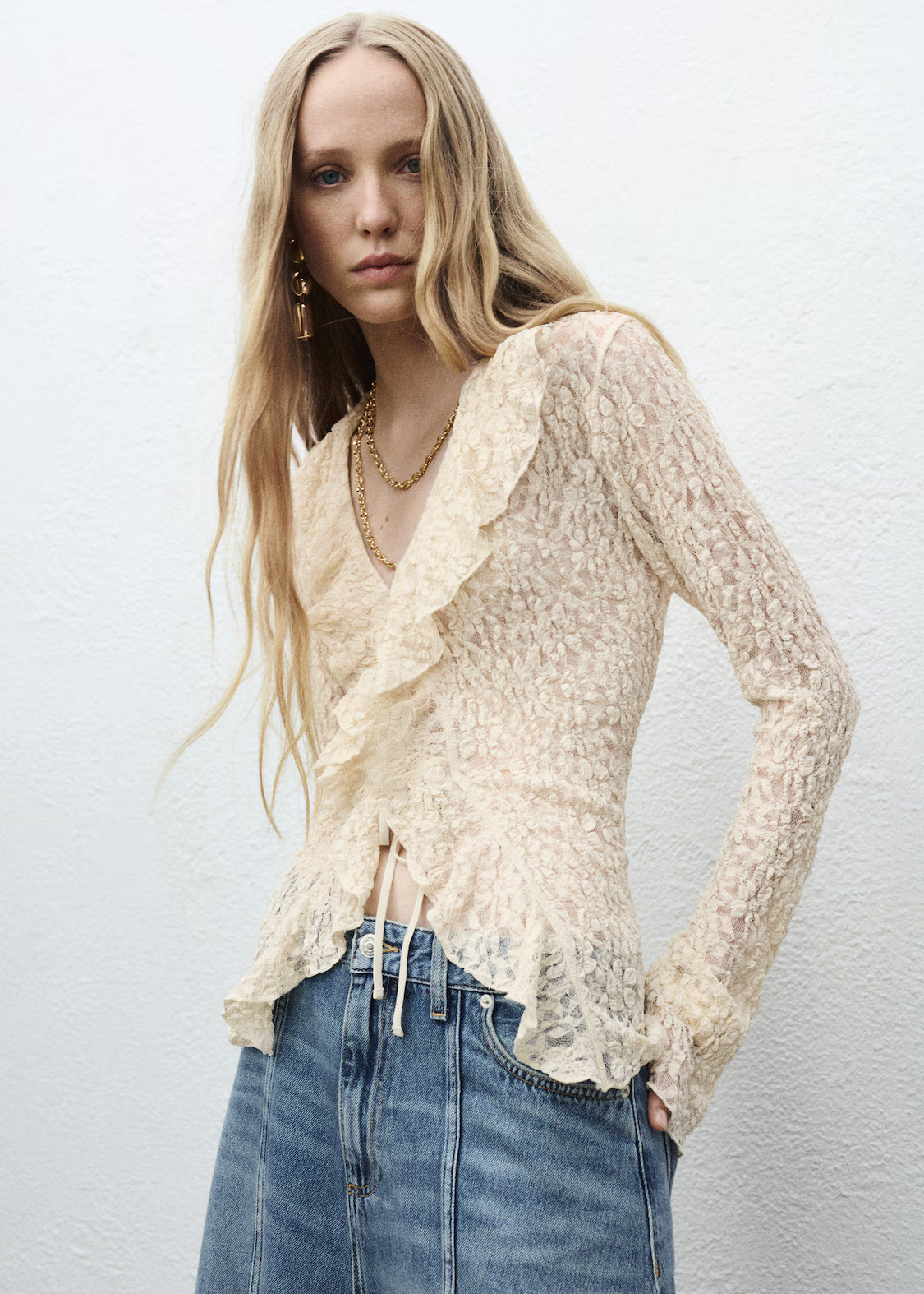 Lace blouse with ruffles - Women | MANGO United Kingdom | MANGO (UK)