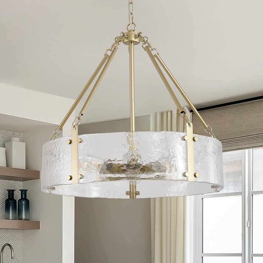 Viksroeo Gold Dining Room Chandelier 20” Modern Textured Glass Chandelier 6-Light Drum Crystal ... | Amazon (US)