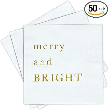 Christmas Cocktail Napkins, Holiday Napkins - Merry and Bright Christmas Napkins, 3-Ply Gold Foil... | Amazon (US)