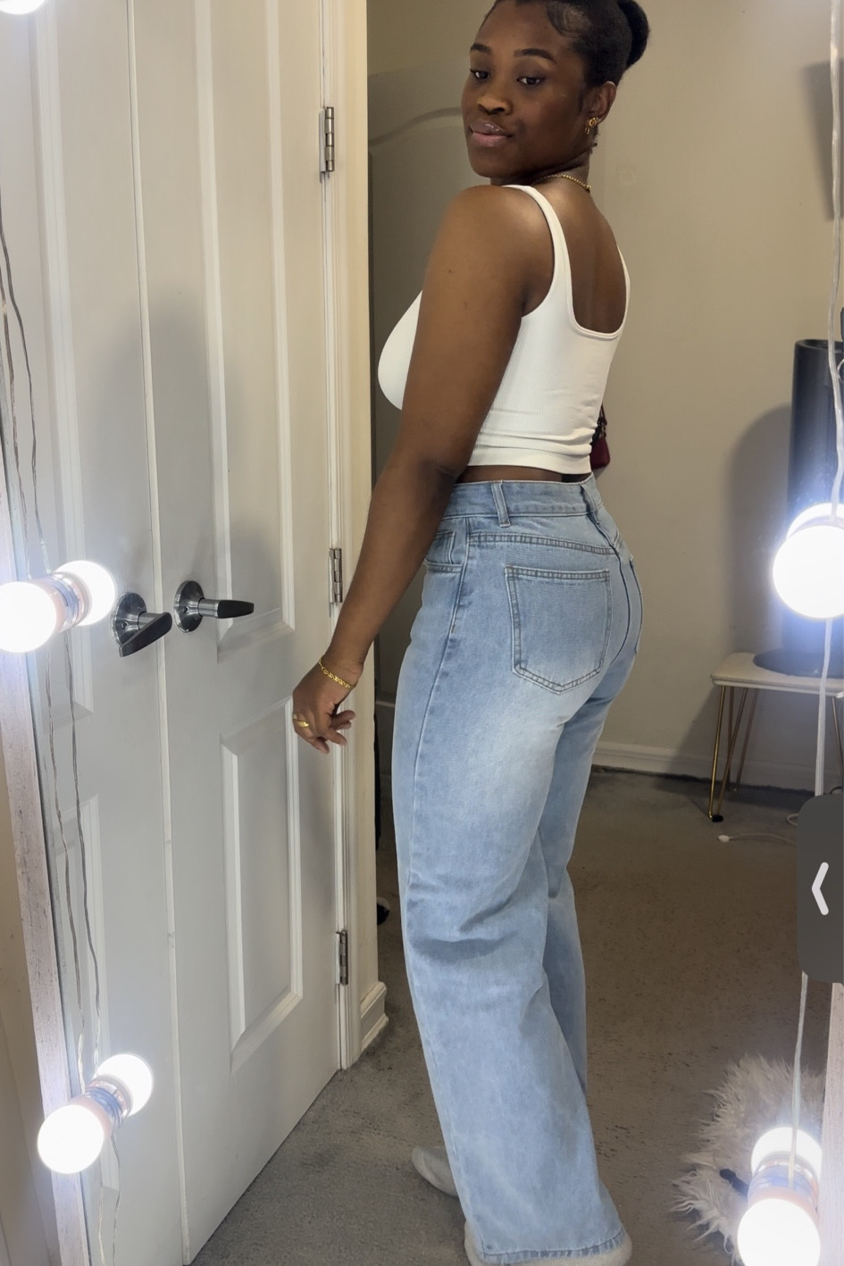 These jeans are so good and fit very well! Wearing a medium.