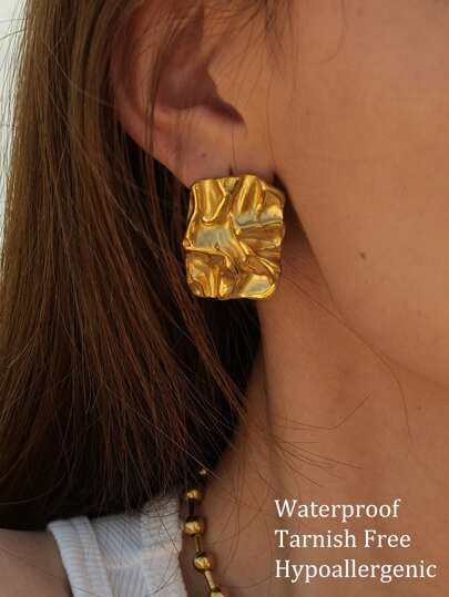Uworld 1pair Fashion Hammer Pattern Texture Geometric 18K Gold Plated Stainless Steel Hoop Earrings Women Party Prom Wearing Chunky Earrings - Size one-size | SHEIN
