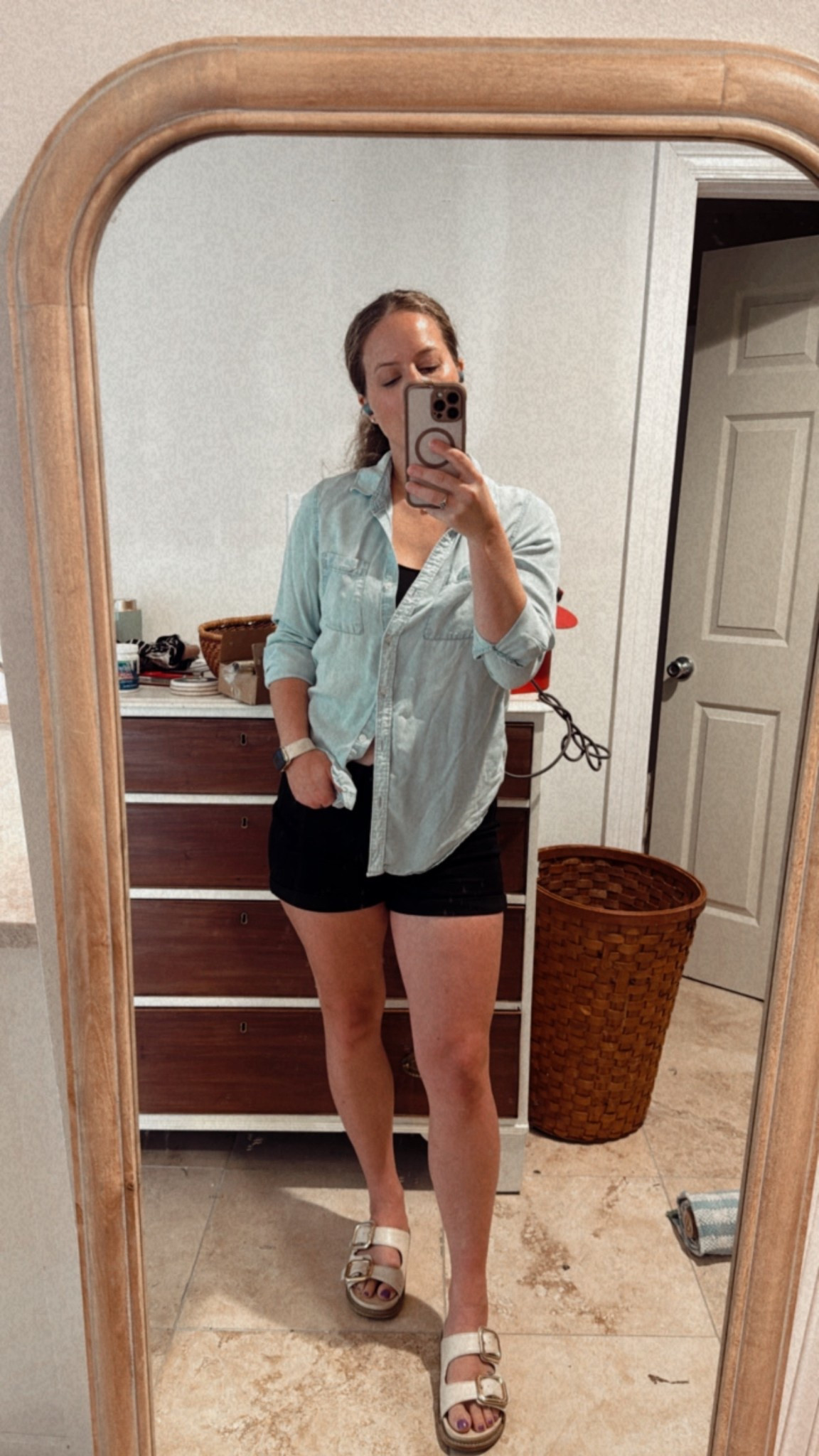 Love this outfit! I’ve had this shirt for probably 8 years and they still sell it. It’s so soft and I can pair it with everything. These shorts are on sale for $12 today and they are stretchy. I sized up one size. 
Mom outfit, sale, old navy, target, denim shirt, summer style

#LTKSaleAlert #LTKOver40 #LTKFindsUnder100