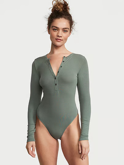 Ribbed Modal Henley Thong Bodysuit, Green, L - Women's Bodysuits - Victoria's Secret | Victoria's Secret (US / CA )
