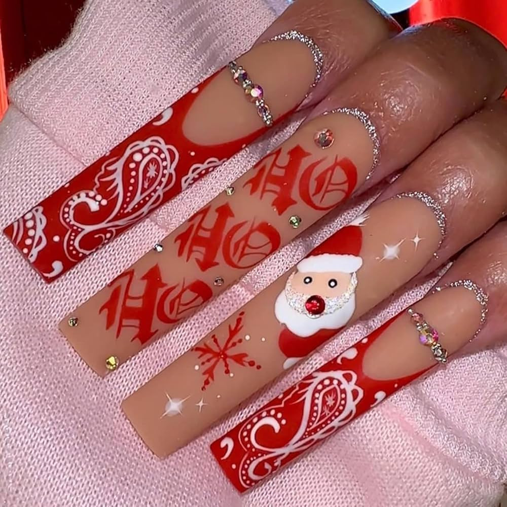 Christmas Press on Nails Long Coffin Fake Nails Red French False Nails with Santa Claus Snowflake... | Amazon (US)