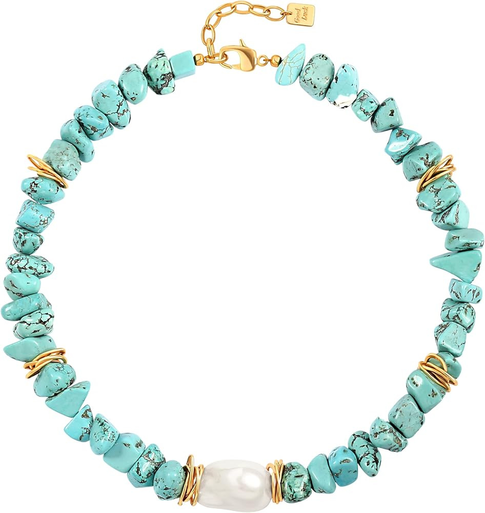 Chunky Statement Stone Beaded Necklace, Big Baroque Pearl Gold Choker, Trendy Boho Colorful Stone... | Amazon (US)