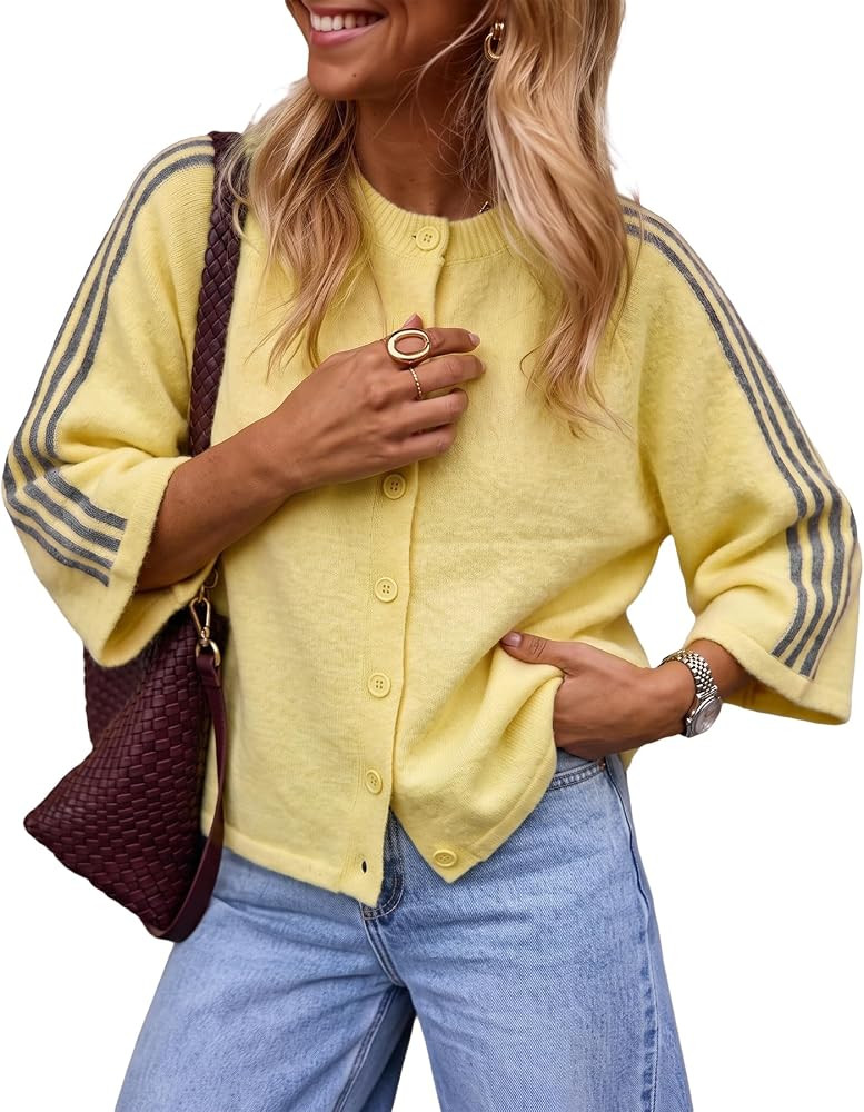 Hixiaohe Womens Casual Stripe Knit Cardigan Crew Neck Button Down Sweater | Amazon (US)