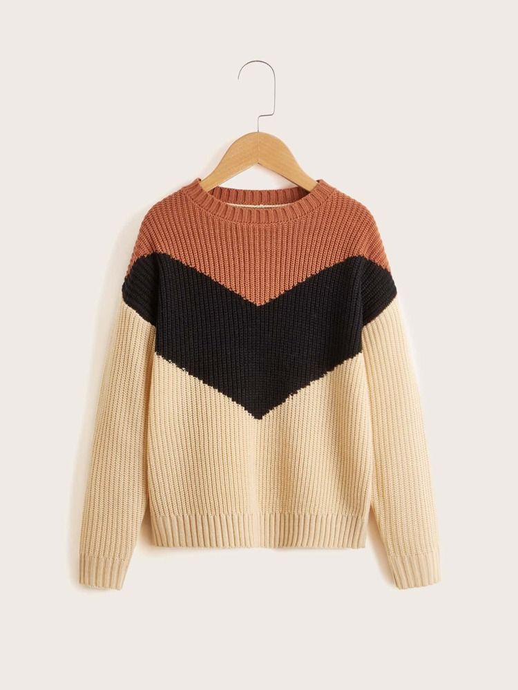 Girls Color Block Drop Shoulder Sweater | SHEIN
