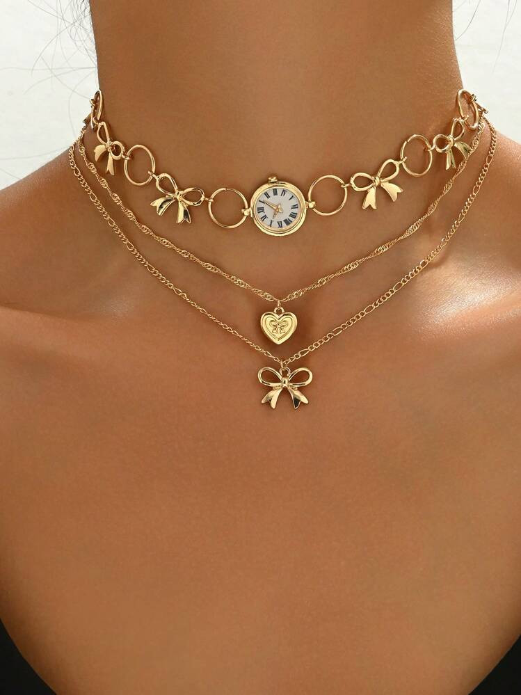 1pc Multilayer Necklace With Heart, Bow, Butterfly Pendants & Ribbon, Vintage Style, For Women, Everyday Wear, Valentine's Day Gift Valentines,Mom,Mother,Mother's Day,Gift | SHEIN