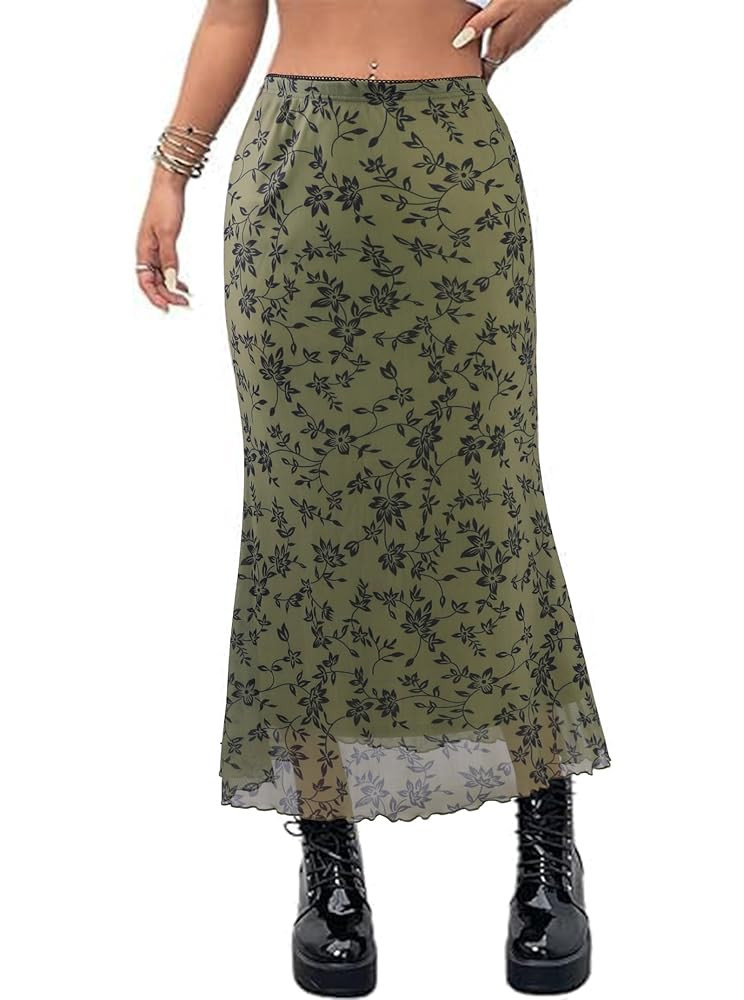 Avanova Women Ditsy Floral Bohemia Mesh Mermaid Skirt High Waist Summer Midi Skirts | Amazon (US)