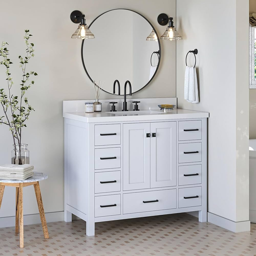 ARIEL Cambridge 43 Inch Bathroom Vanity, White Bathroom Vanity with Sink, Solid Wood Cabinet, Qua... | Amazon (US)