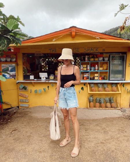 Spring break  and summer outfit idea 
Agolde cut offs (I went with my regular size) 
Platform sandals 
LARGE LINEN beach bag 
Raffia bucket hat 

#LTKstyletip #LTKSeasonal