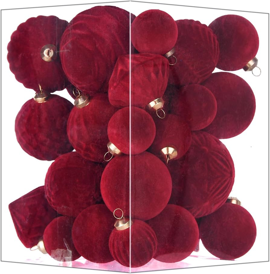 Flocked Ornaments for Christmas Tree Decorations - 35pcs Burgundy Velvet Ball Ornament for Winter... | Amazon (US)