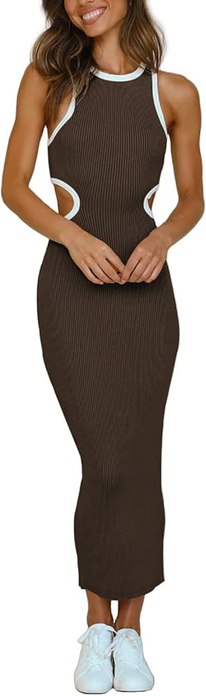 NauLon Womens Sexy Cut Out Waist Open Back Bodycon Dress Ankle Length Ribbed Party Club Midi Dresses | Amazon (US)