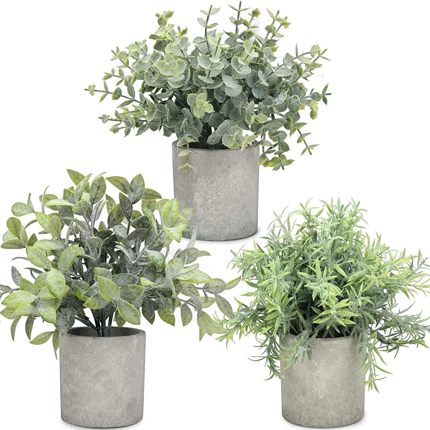 MOORLI 3 Pack Mini Potted Fake Plants Eucalyptus Rosemary Boxwood Artificial Plastic Plants for B... | Amazon (US)