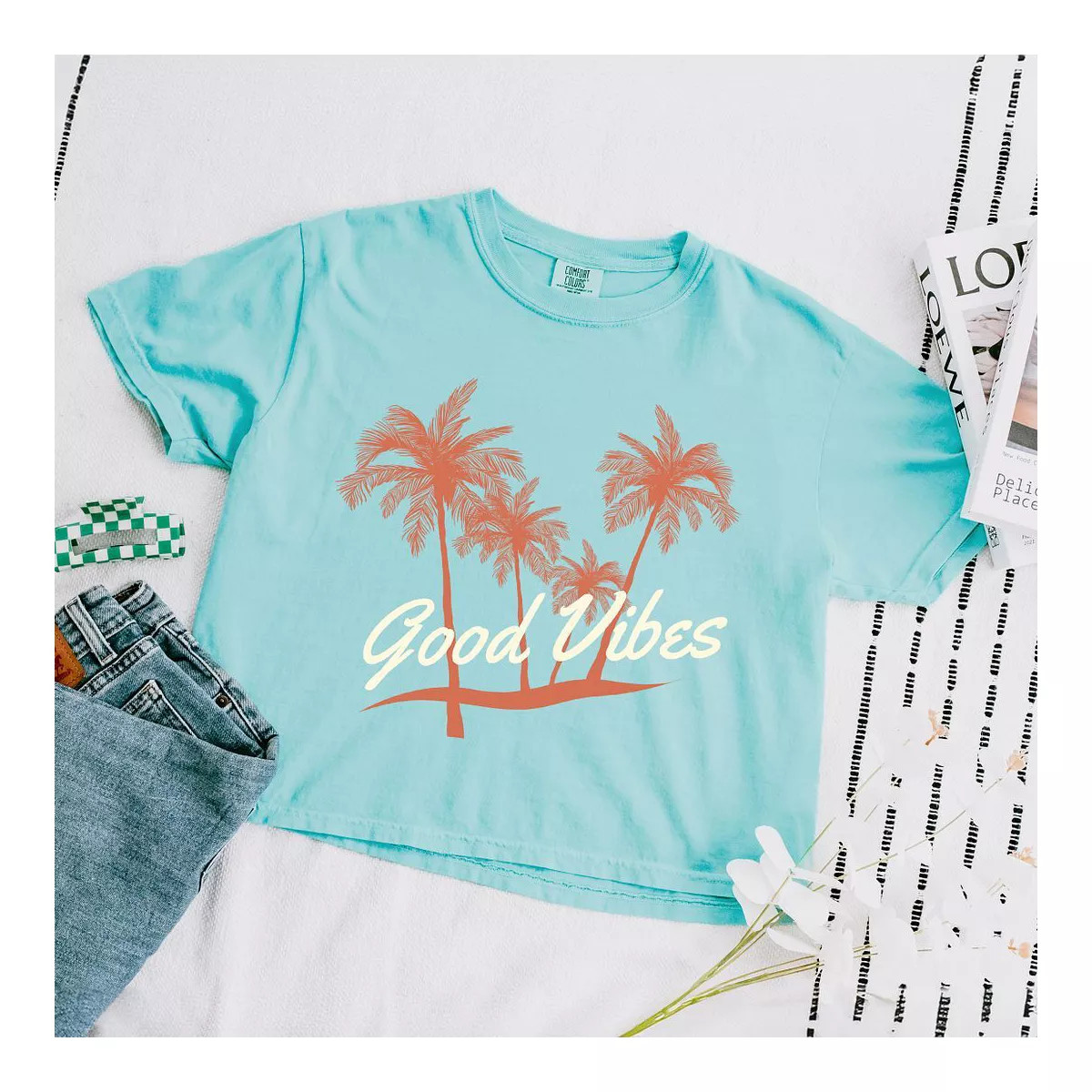 Simply Sage Market Women's  Good Vibes Palm Trees Short Sleeve Relaxed Fit Cropped Graphic Tee | Target