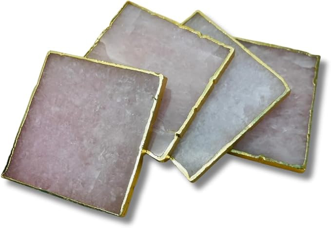 ANKUR Rose Quartz Agate - Large Square Natural Stone Coasters Coffee Table Decor with Gold Rim Ha... | Amazon (US)