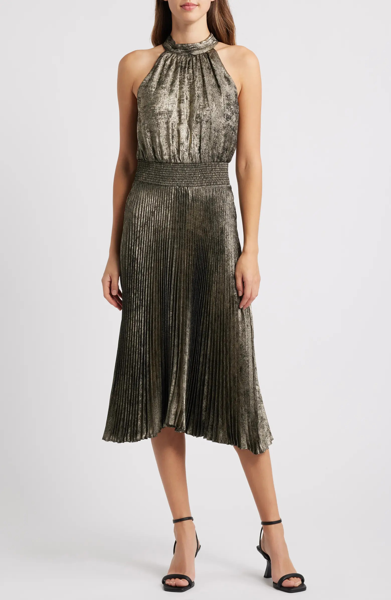 Halter Neck Metallic Pleated High-Low Dress | Nordstrom