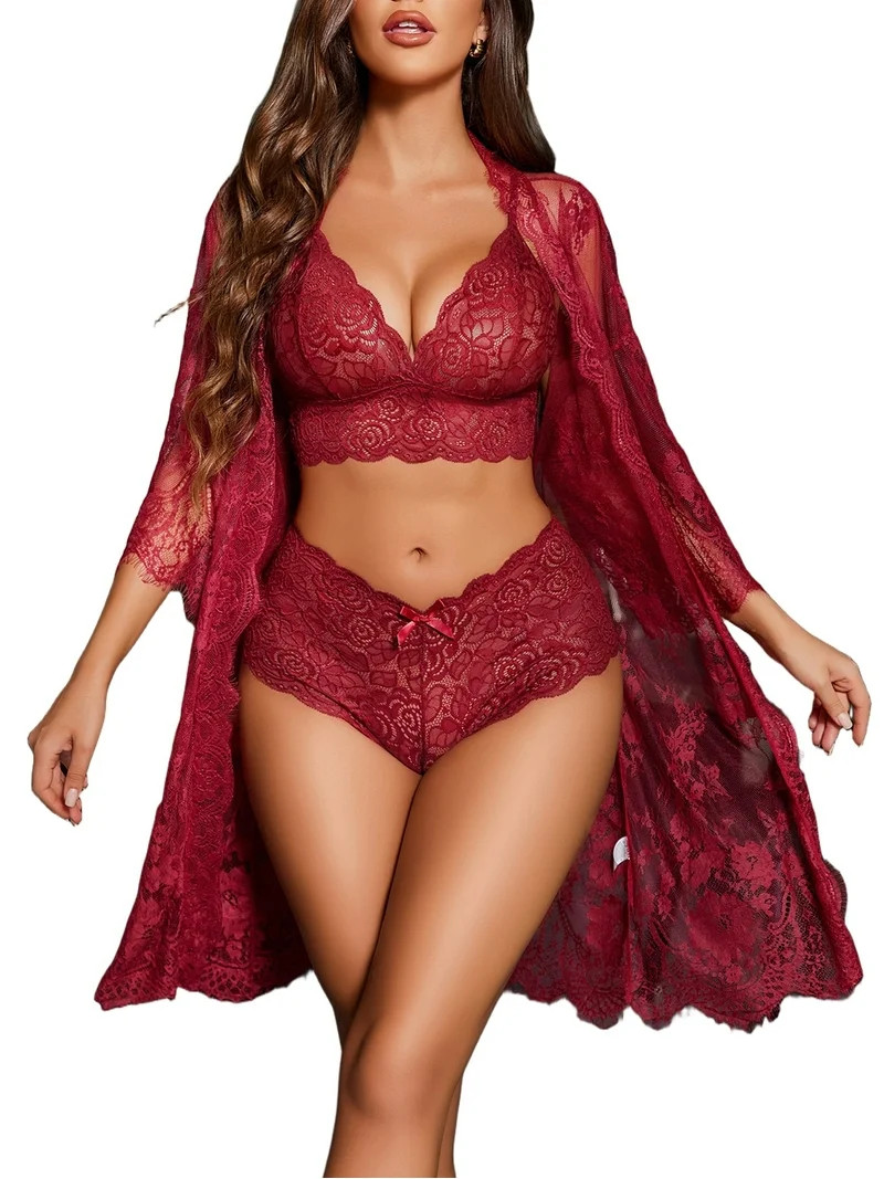 Sexyfree Women Sexy Lingerie Set 3 Piece Lace Kimono Robe with Bra and Panty Sheer Sleepwear | Walmart (US)