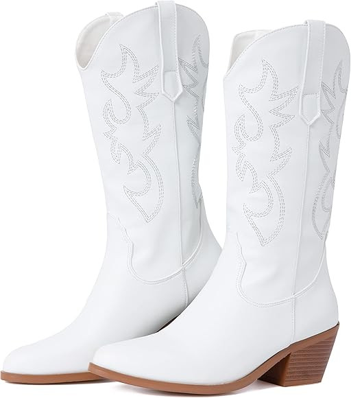 AMINUGAL Womens Embroidered Western Cowboy Boots Pointed Toe Pull On Wild Calf Chunky Heel Retro ... | Amazon (US)