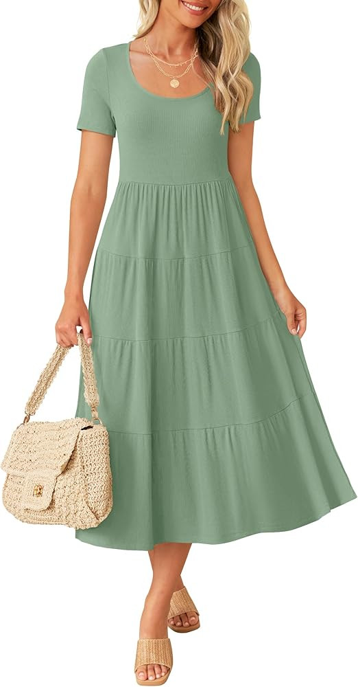 ZESICA Women's 2024 Summer Casual T Shirt Dress Short Sleeve Scoop Neck Flowy Tiered Beach Midi D... | Amazon (US)