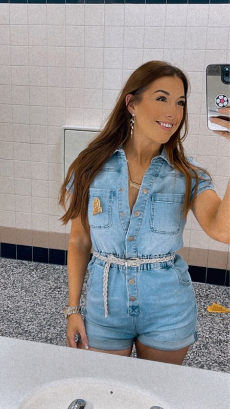 Houston Rodeo HLSR country concert jean romper outfit w/ rhinestone cowboy boots! Wearing a medium in the romper and sized up on the boots!!! 

#LTKSeasonal #LTKFestival #LTKsalealert