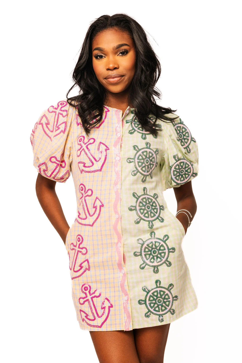 Colorblock Plaid Anchor Button Up Poof Sleeve Dress | Queen of Sparkles