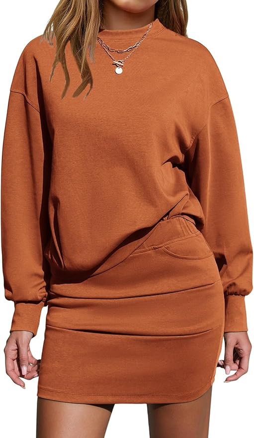 EXLURA Womens 2 Piece Skirt Sets Long Sleeve Mock Neck Sweatshirt Skort Matching Set Casual Airpo... | Amazon (US)