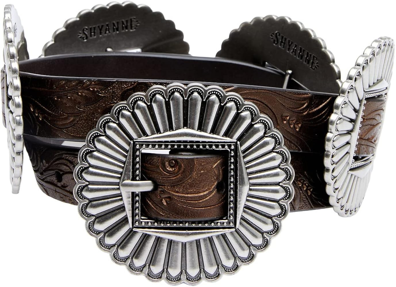 Shyanne Women's Tooled Metallic Concho Belt Dark Brown XX-Large | Amazon (US)