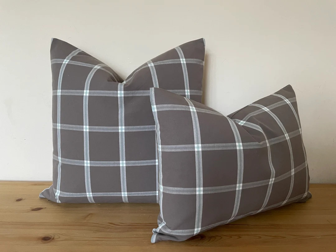 Brown pillow cover, Brown stripe pillow, Lumbar pillow, Windowpane pillow, Farmhouse cushion | Etsy (US)