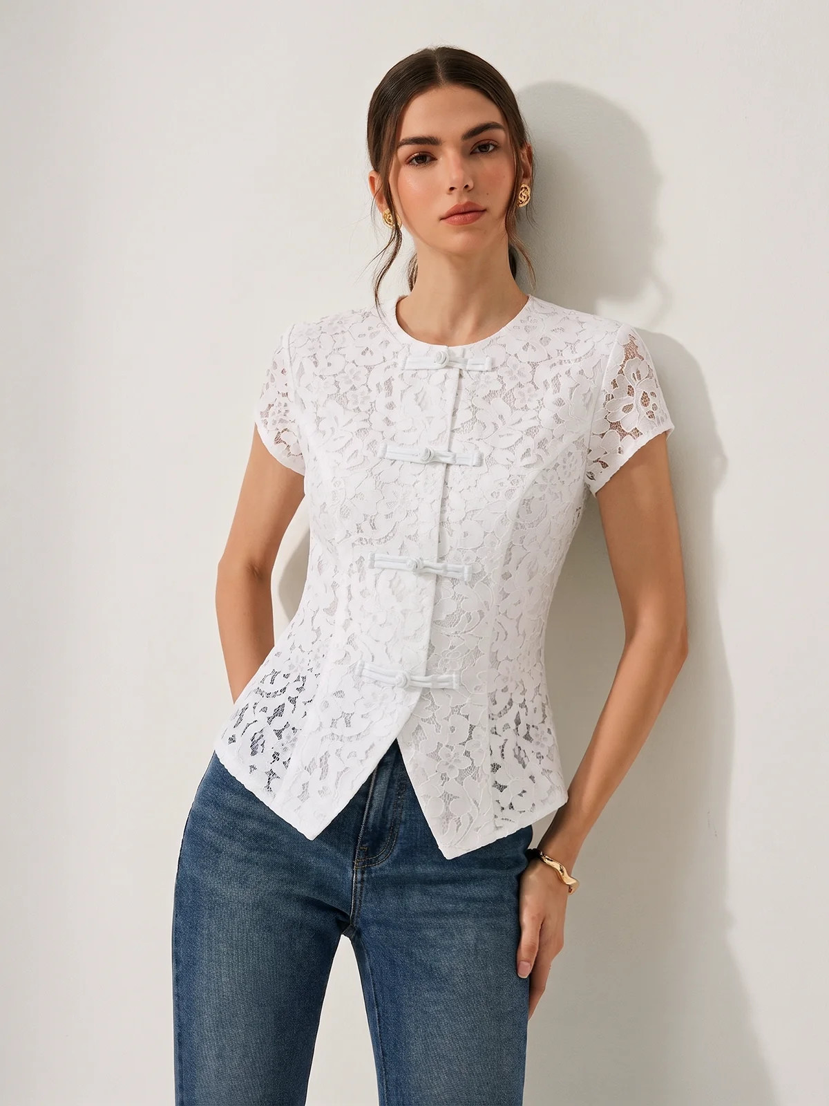 Short Sleeve Frog Button Lace Blouse | Commense