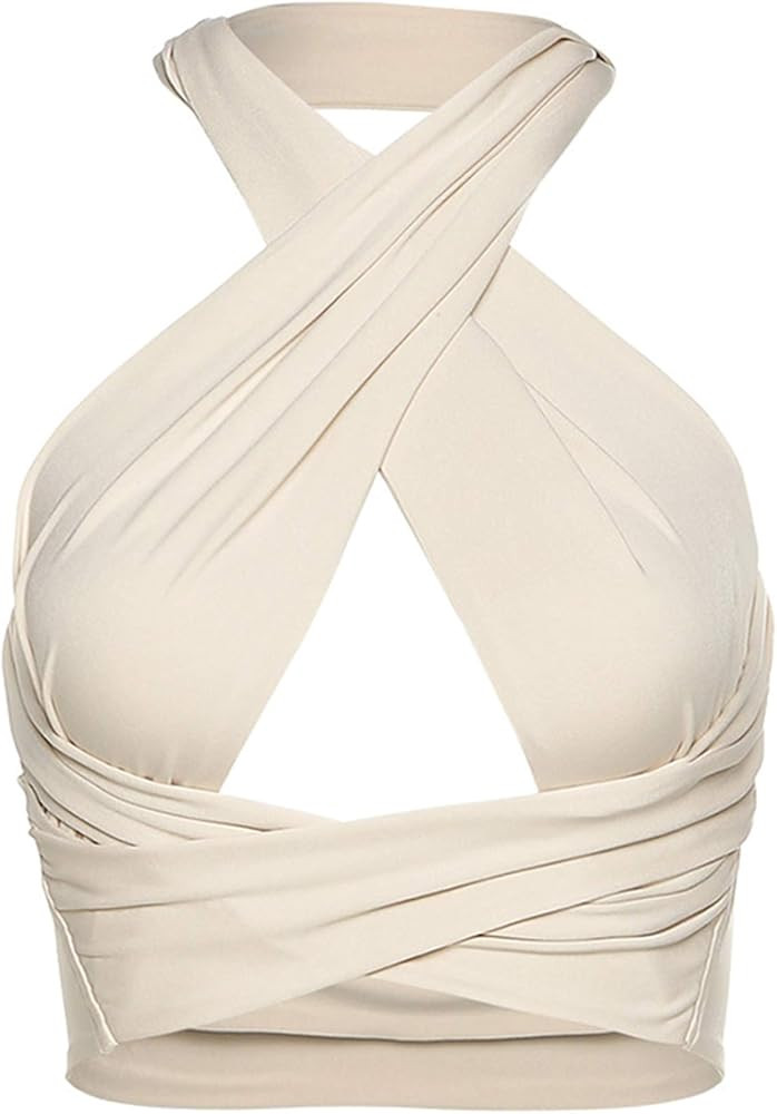 Women Halter Wrap Tank Top Cut Out Bustier Cami Criss Cross Bandage Crop Halter Top | Amazon (US)