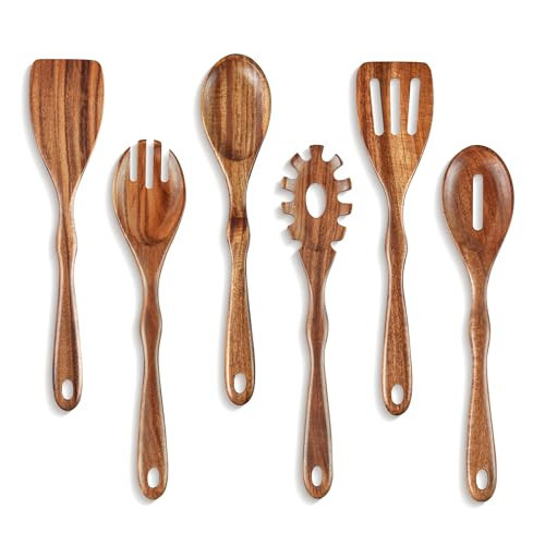 KARRYOUNG Acacia Wood Spoons for Cooking - 6 Piece Non Stick Wooden Spoon Set - with Slotted Spoon, Salad Fork, Spatula, Pasta Server-Natural Wood Kitchen Utensil Sets | Amazon (US)