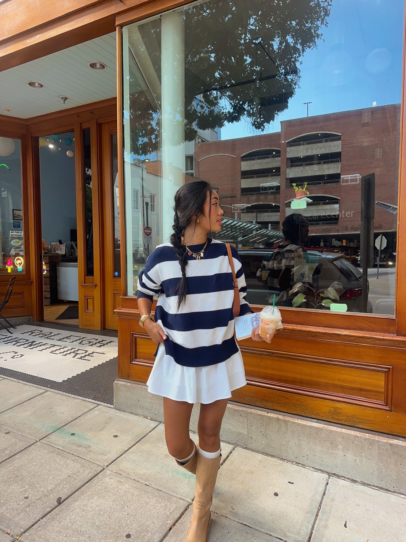 Fall outfit idea, striped sweater, white skirt, Frye boots, Frye boots dupe, autumn outfit, fall outfit.

#LTKSeasonal #LTKFallSale #LTKStyleTip