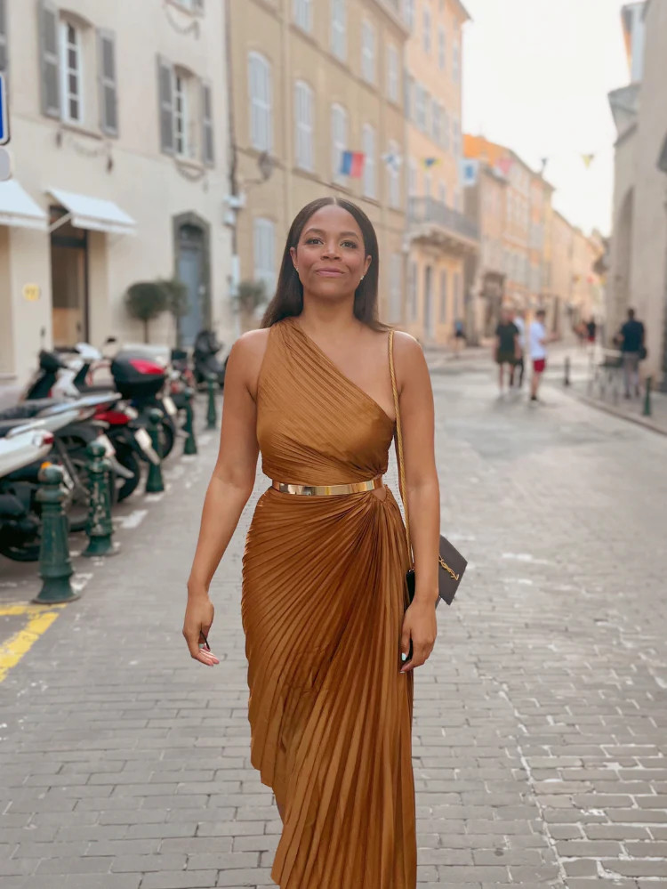 Olympia Bronze Pleated One Shoulder Gown | Confête