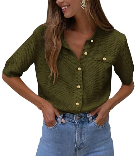 PRETTYGARDEN Women's Summer Button Down Shirts Casual Short Sleeve Crew Neck Ribbed Knit Blouse T... | Amazon (US)