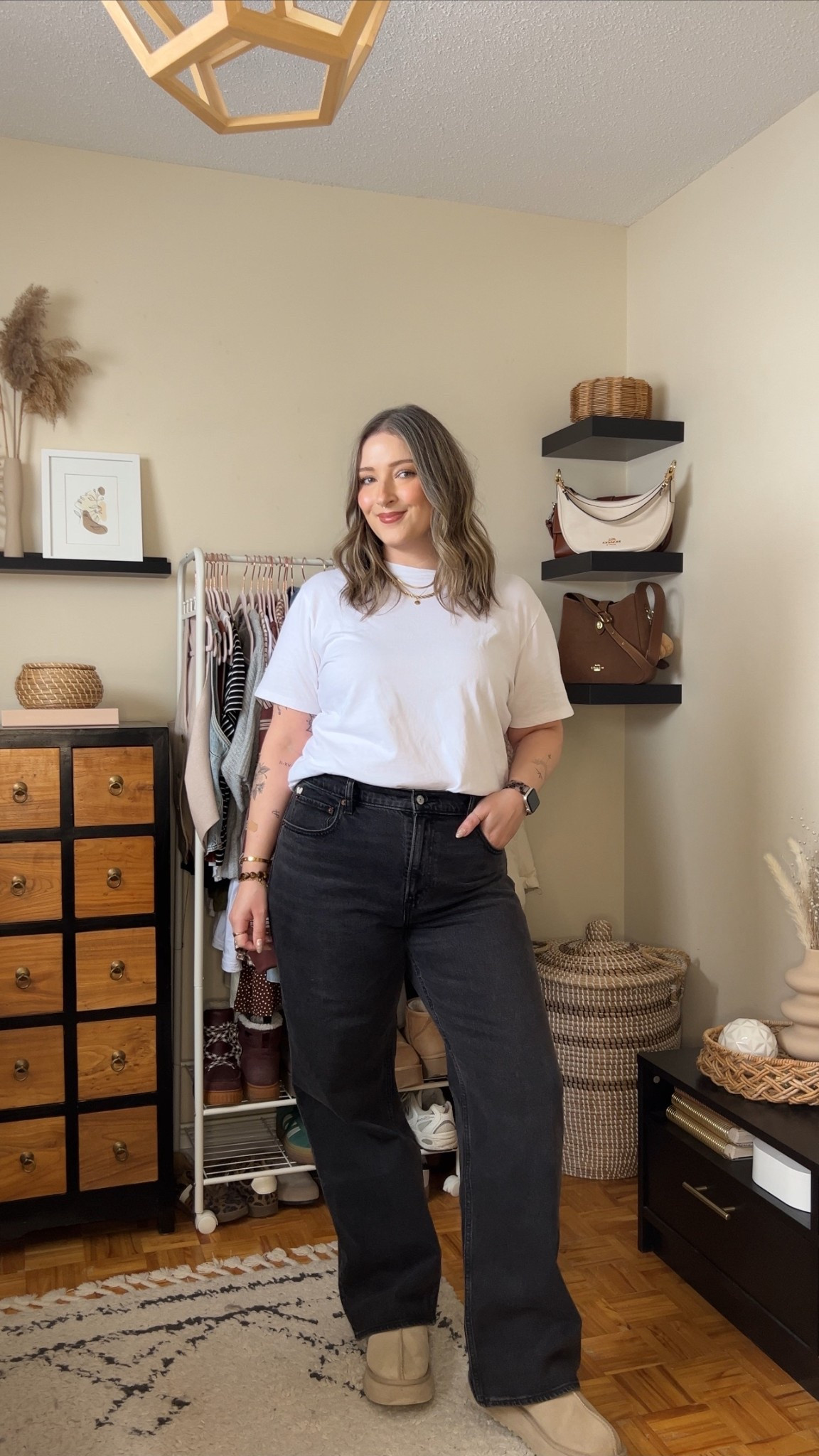 My all time fave jeans! Wearing 32, I probably could do a 31, but I prefer a looser fit! I’m 5’8 with shorter legs and a long torso, so I get regular length. They are comfy, flattering, and have the perfect amount of stretch! This white cotton tee is not see through and the high neck makes it perfect for layering, wearing my usual size L. Ugg tazz fit TTS, wearing 10


#LTKsale #LTKmidsize #LTKjeans