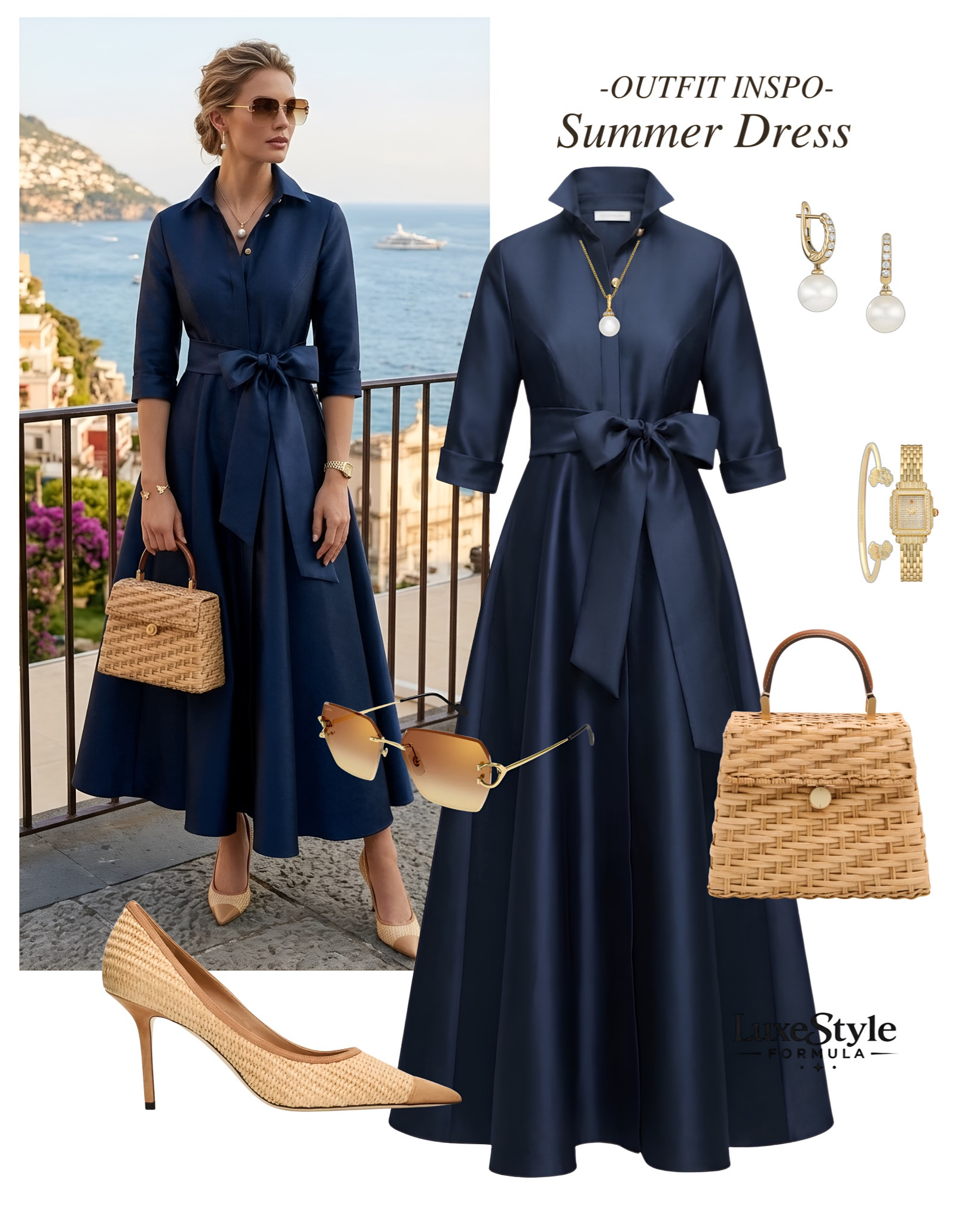 This is what “old money on vacation” actually looks like. Navy shirt dress gown, pearl drops, woven everything — Amalfi coast in one outfit 🤌 

navy shirt dress outfit, old money vacation style, summer dress inspo, Amalfi coast outfit, pearl jewelry styling, woven bag summer, quiet luxury dress, European vacation style, tailored shirt dress, resort wear inspiration, elegant summer outfit, gold jewelry styling, classic summer dressing, timeless dress outfit, luxury vacation wardrobe, coastal grandmother style, sophisticated summer look, investment dress styling, US summer fashion inspo, UK vacation style, luxestyleformula 

#oldmoneyvacation, #amalficoaststyle, #quietluxurydress, #resortwearinspo, #coastalgrandmotherstyle​​​​​​​​​​​​​​​​
 

#LTKSeasonal #LTKootd #LTKTravel