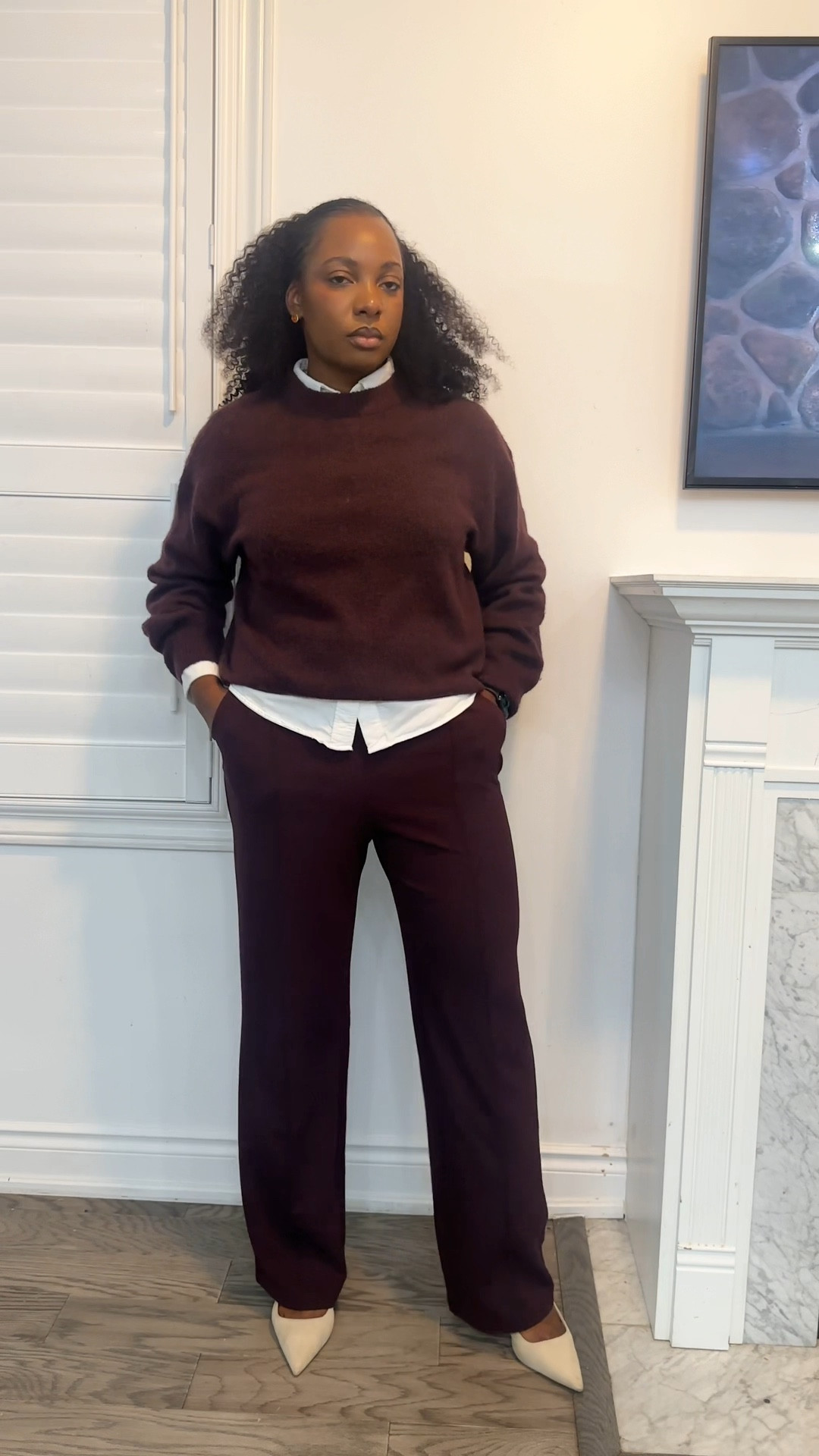 Burgundy dress pants, burgundy sweater, cream pumps 

#LTKcanada #LTKwinter #LTKworkwear
