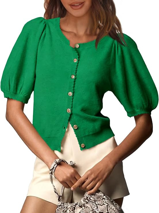Saodimallsu Womens Puff Short Sleeve Cardigan Lightweight Summer Button Down Shirts Knit Crew Nec... | Amazon (US)