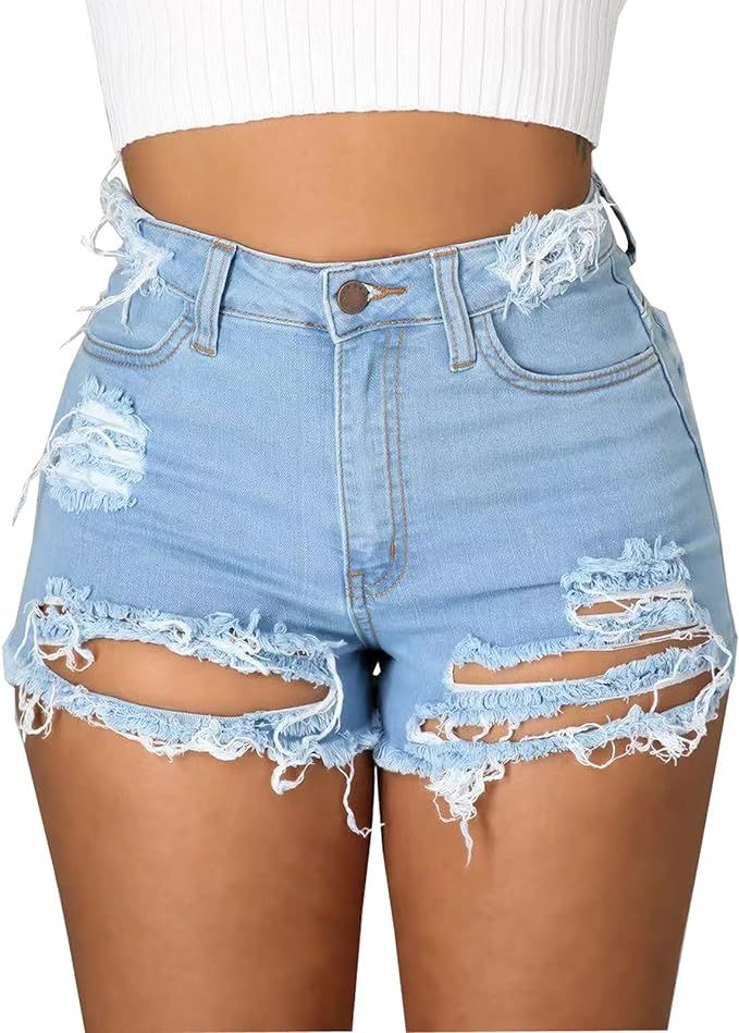 Syydn Women's Distressed Stretchy Denim Shorts Junior Ripped Frayed Raw Hem Casual Jeans Shorts | Amazon (US)