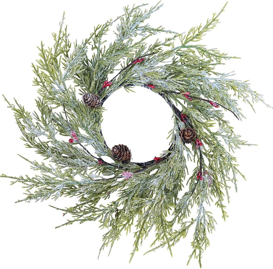 Winlyn 4 Pcs Artificial Frosted Cedar Pine Candle Rings Christmas Candle Holder Rings Wreaths Pin... | Amazon (US)
