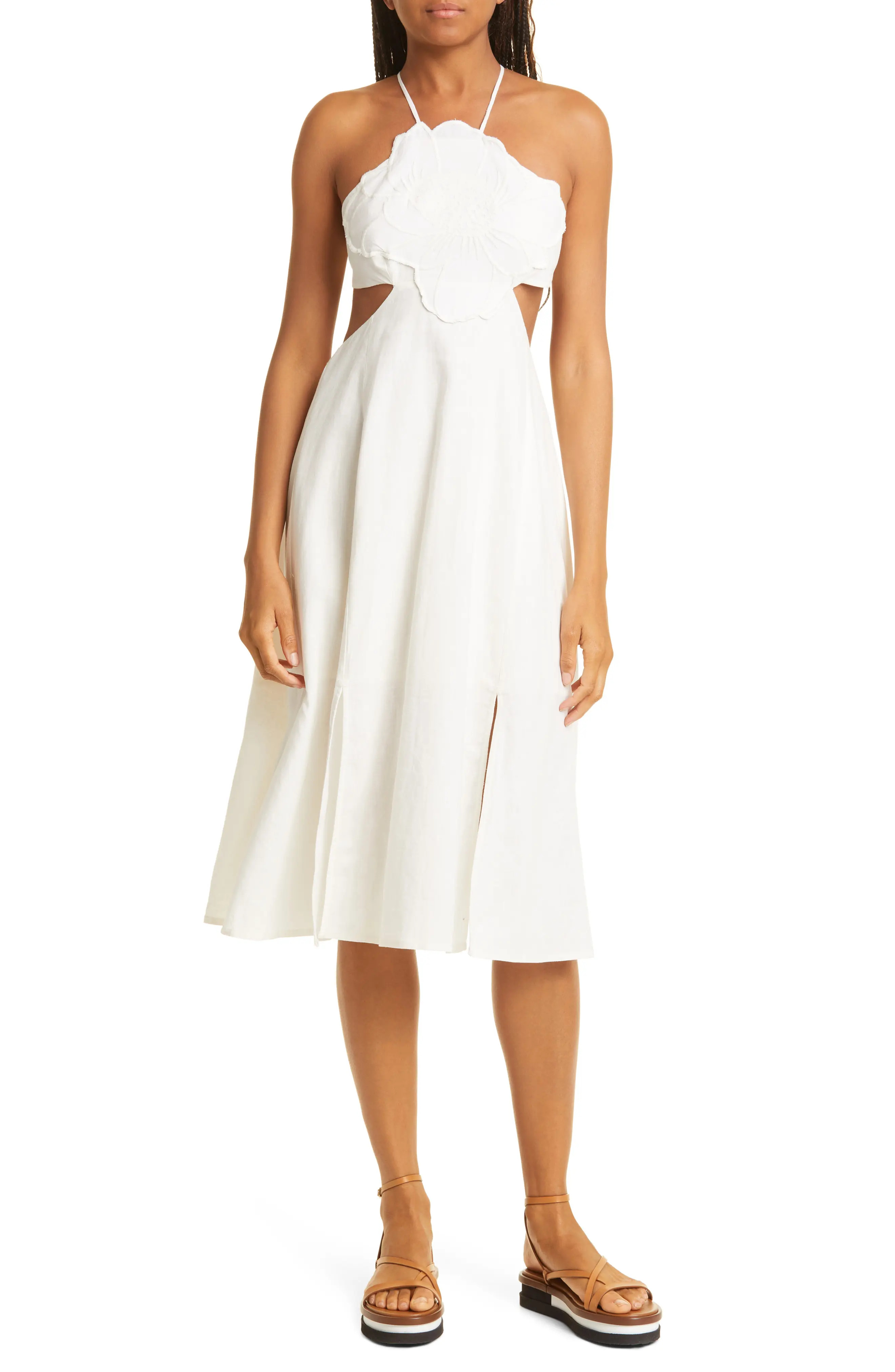 FARM Rio Flower Applique Cutout Linen Blend Midi Dress in Off-White at Nordstrom, Size X-Small | Nordstrom