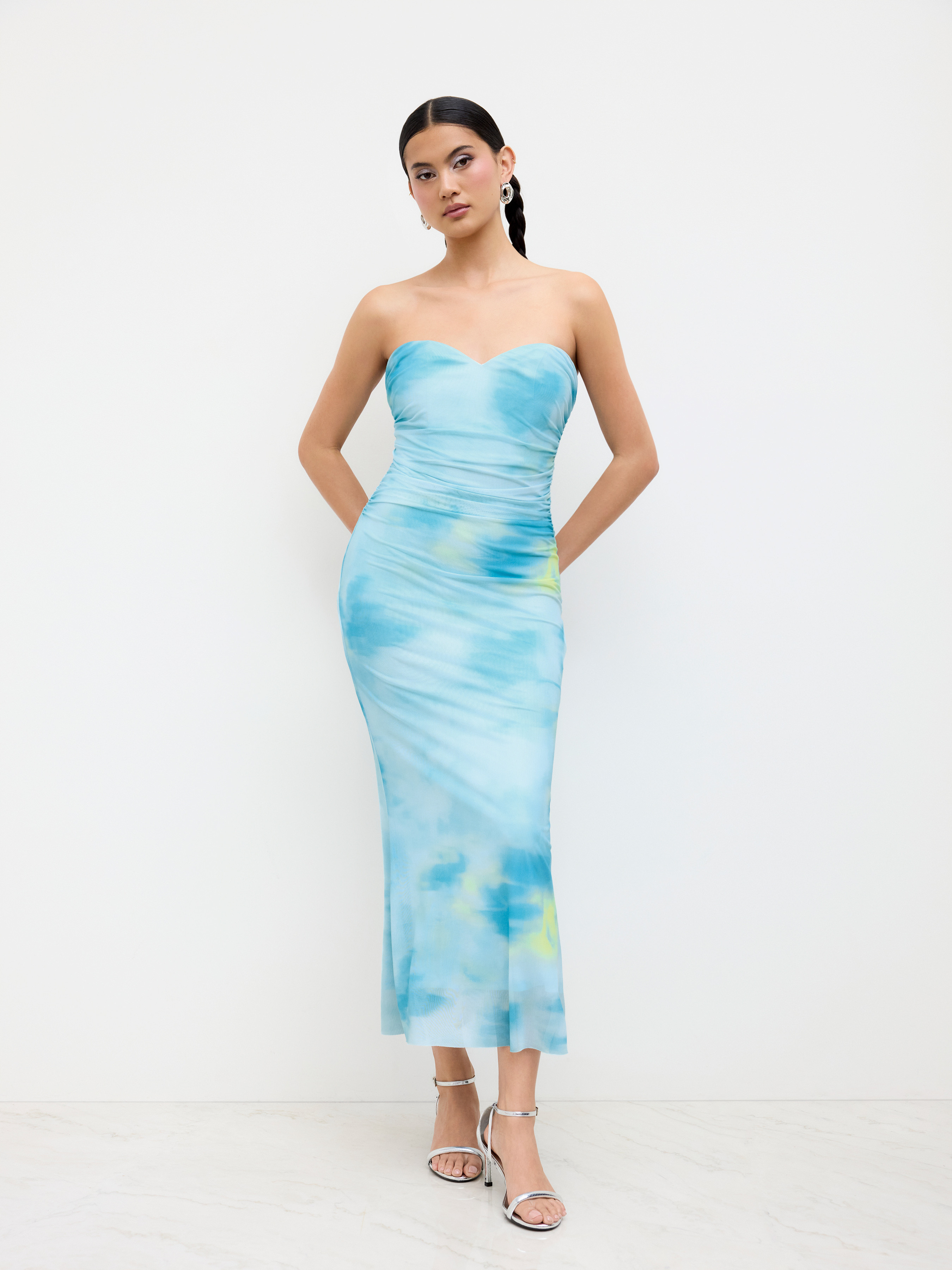 Mesh Mesh Illusion Ruched Bandeau Maxi Dress For Vacation | Cider
