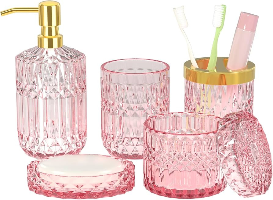 New Pink Bathroom Accessories Set - 5 PCS Glass Bathroom Decor with Soap Dispenser & Soap Dish & ... | Amazon (US)
